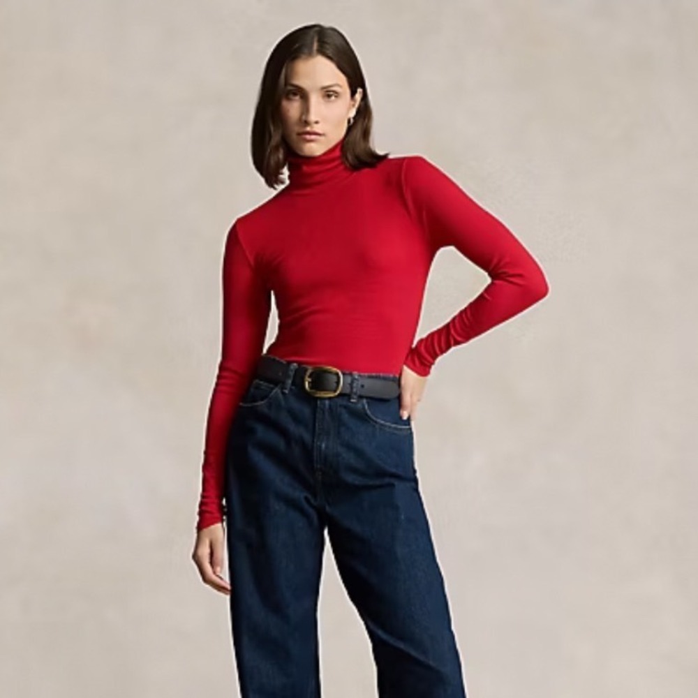 Polo Ralph Lauren Red‎ Ribbed Turtleneck Long Sleeve Top Small Lyocell Cotton